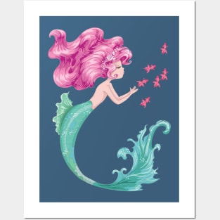 Cartoon Mermaid Pink Hair Fish Posters and Art